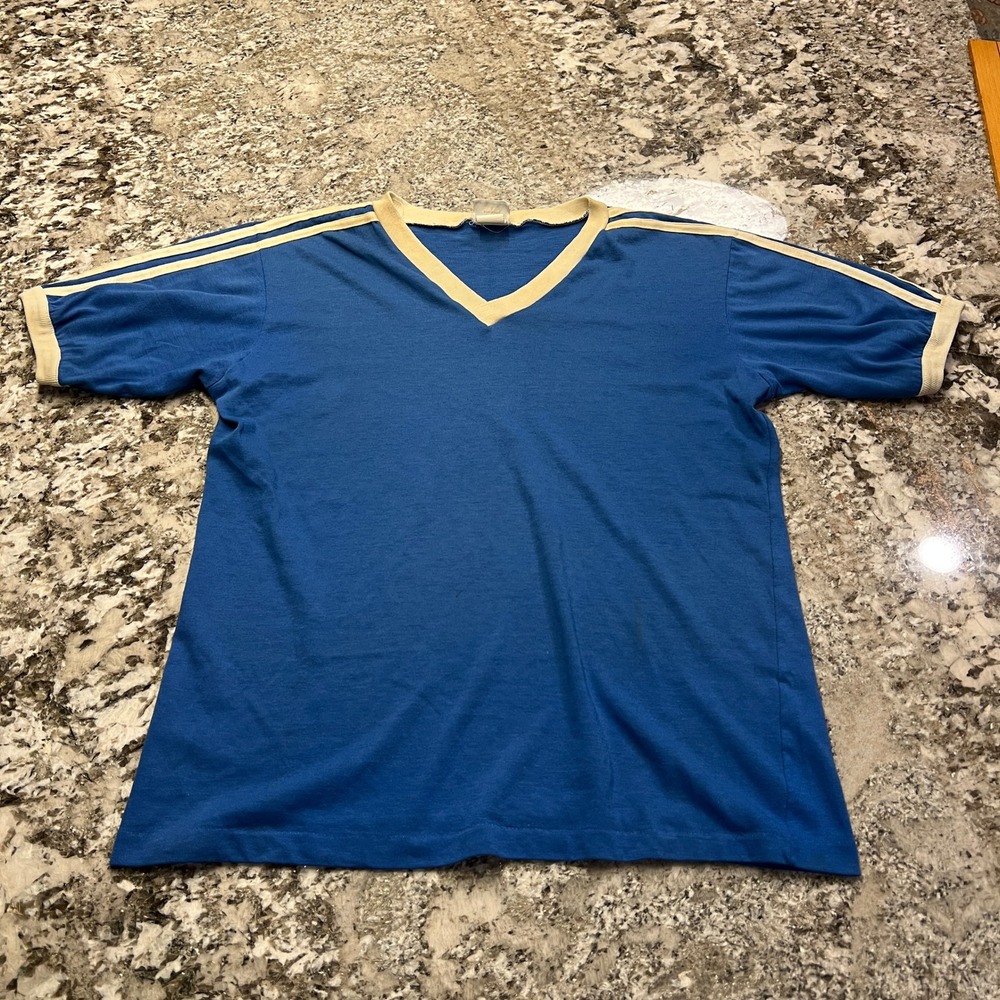 Vintage 1970s JCPenney Blue V-Neck Ringer T-Shirt Racing Stripes Small 50/50
